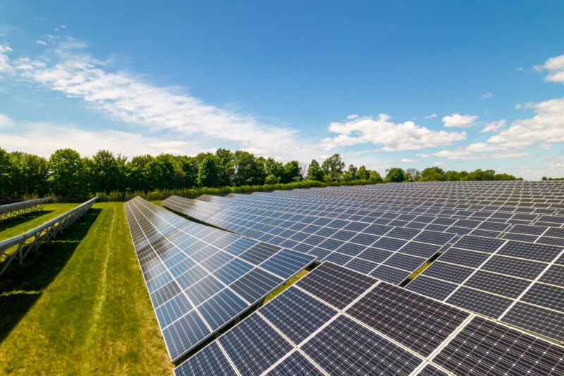 Image of solar panels on a green grassy field with blue sky in the background.